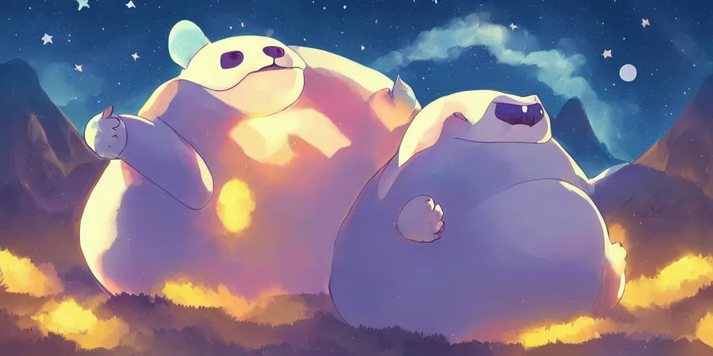 Image similar to giant glowing snorlax totoro, mountain landscape, night sky, digital art, digital painting, celestial, majestic, colorful