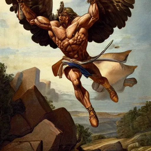 Prompt: a muscular heroic man riding a giant eagle