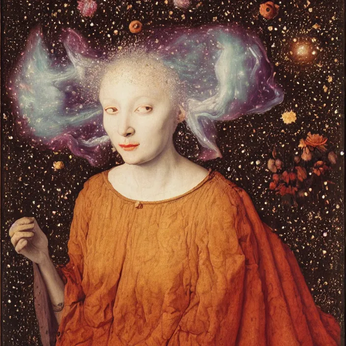 Prompt: a veiled woman with crying flowers in a nebula, by Jan van Eyck