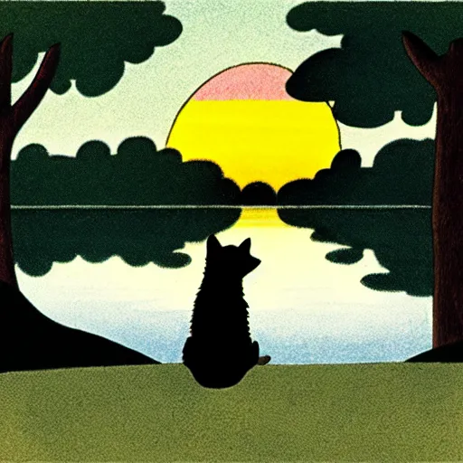 Prompt: view from behind of fluffy baby grey wolf sitting on the shore of a pond, looking out at a sunset, award winning illustration by maurice sendak and don freeman