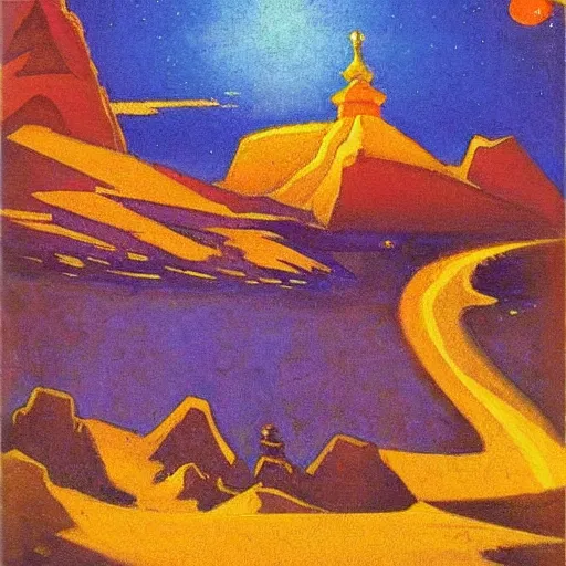 Image similar to Nicholas Roerich oil painting called Dwarf Almighty 1925 bright colors fear and reverence