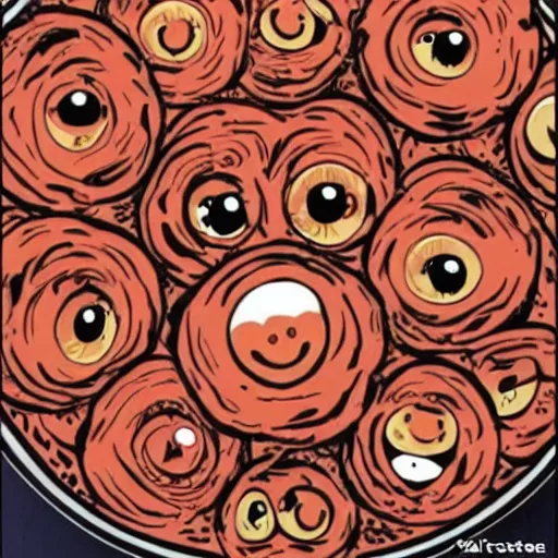 Prompt: Spaghetti monster with eyes on a plate in tomato paste, meatballs, people control, religion, comic book, takeover of the worlds, mind control