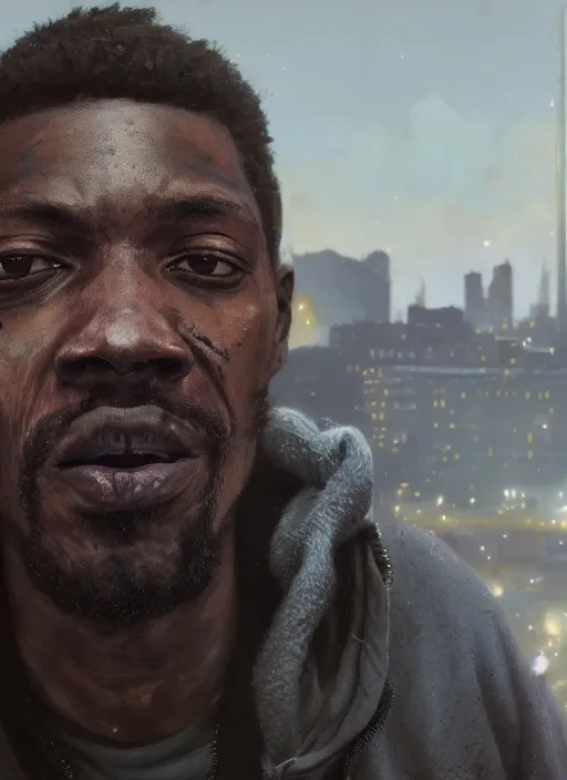 Prompt: Highly detailed portrait of homeless and beaten up Marques Brownlee, in GTA V, Stephen Bliss, unreal engine, fantasy art by Greg Rutkowski, Loish, Rhads, ferdinand knab, Makoto Shinkai and Lois van baarle, ilya kuvshinov, rossdraws, Tom Bagshaw, global illumination, radiant light, detailed and intricate environment