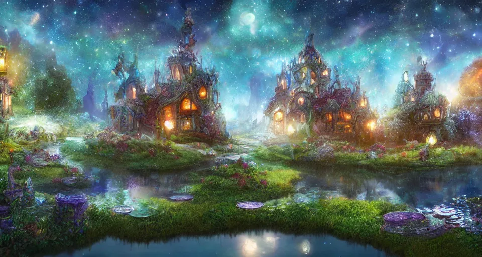 Prompt: a whimsical fairyland with a pond, starry sky, ambient lighting, fantasy art, computer render style art, unreal engine