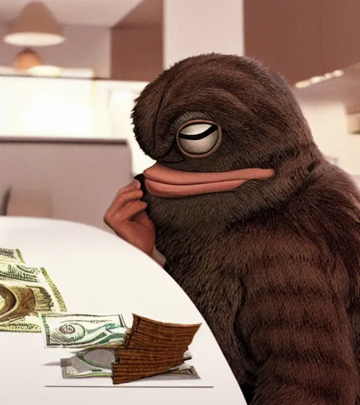 Image similar to pepe eating money, realistic, frame from the movie, in a suite