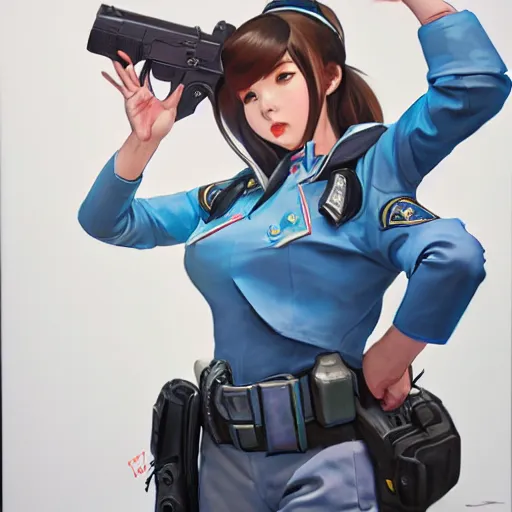 Image similar to D.VA from Overwatch wearing a police uniform by Kim Jung Gi, holding handcuffs in one hand Blizzard Concept Art Studio Ghibli. oil paint. 4k. by brom.