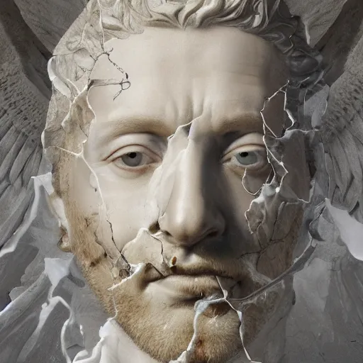 Prompt: realistic digital painting of a stunning intricate cracked white marble falling angel with face of piero angela, opened eyes, opened mouth, bernini sculpture, trailing white vapor, mycelium stands and misty xparticles neutral tone background, trending on artstation, hyperrealism, matte painting, subsurface scattering