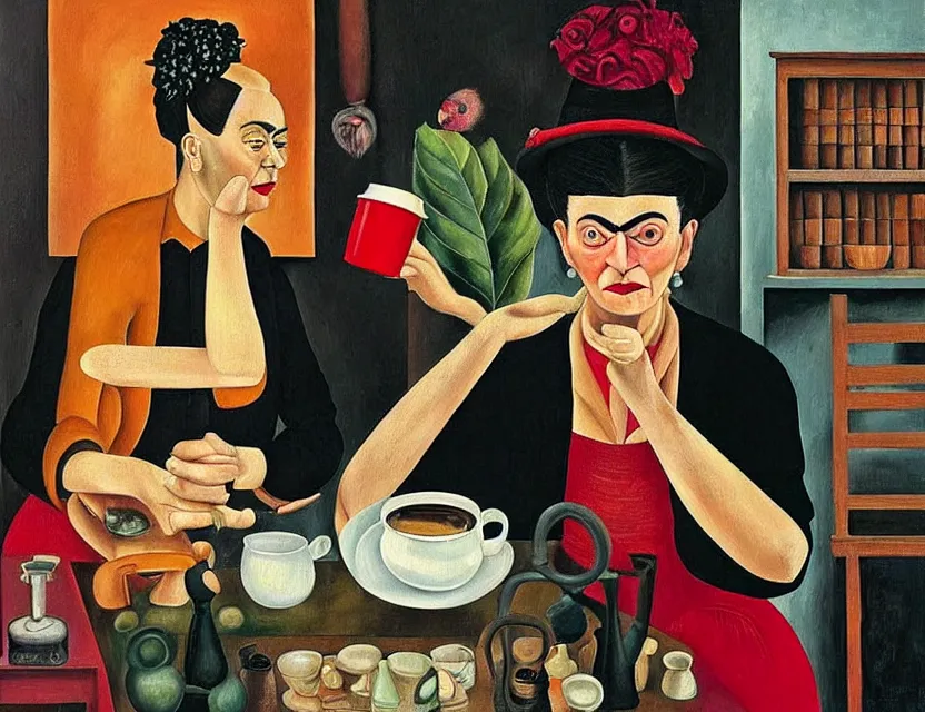 Prompt: a painting of a old and strange dusty professor in black suite and hat and a old woman making a study of drinking 1 0 cups of black coffee in 5 seconds in a kitchen that is melting, styled and painted by frida kahlo