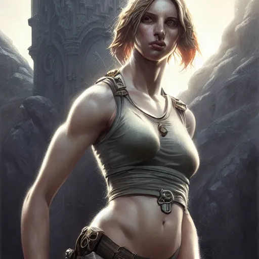 Prompt: portrait of laura croft, defined upper body, fantasy, intricate, elegant, highly detailed, digital painting, artstation, concept art, matte, sharp focus, illustration, art by aenaluck and roberto ferri and greg rutkowski, epic fantasy, digital painting