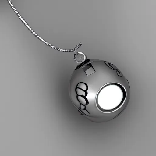 Image similar to 3 d silver beserk behelit pendant with glowing eyes, futuristic jewelry on wheat chain necklace, high definition, octane render, studio lighting