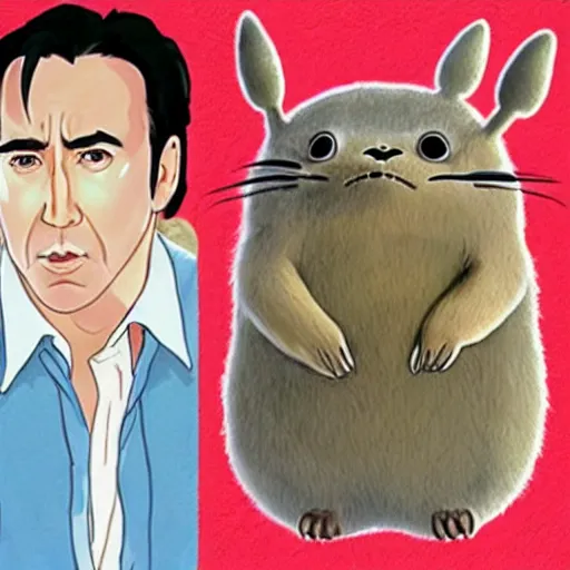 Image similar to nicholas cage as totoro, illustrated by studio ghibli