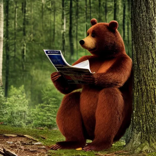 Image similar to UHD canndid photo of Yogi Bear squatting on a toilet in the woods, reading a newspaper, by Annie leibowitz, photorealisitc ,detailed