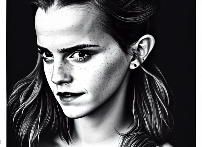 Prompt: mid shot portrait of emma watson in factory, in the style of david bailey, high fashion, id magazine, vogue magazine, surprising, freak show, realistic, sharp focus, 8 k high definition, film photography, photo realistic, insanely detailed, intricate, by david kostic and stanley lau and artgerm