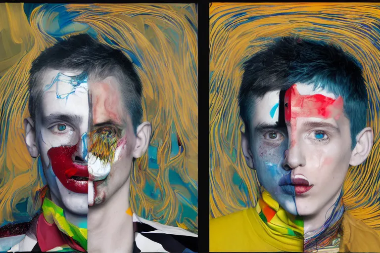 Prompt: portrait of two morphed harlequins faced boys with cigarettes in a large room by and james jean and luc tuymans and vincent lefevre and hernan bas and pat steir and hilma af klint, digital paint, glitch, psychological, dripping paint, generative art, 8 k high quality render, altermodern, masterpiece