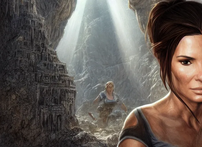 Image similar to face portrait of concentrated young Sandra Bullock as Lara Croft entering the large Minas Tirith gate, sun beams, intricate, elegant, highly detailed, centered, digital painting, artstation, concept art, smooth, sharp focus, illustration, Allan Lee, John Howe