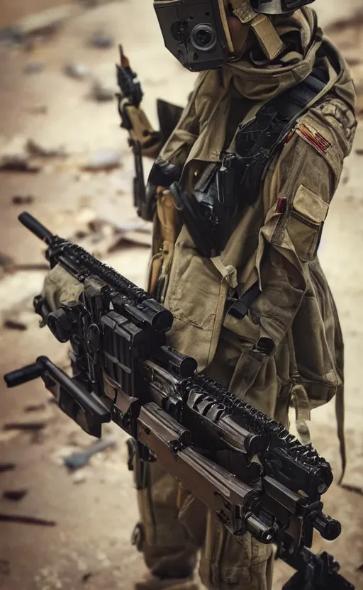 Prompt: an escalating violent firefight, highly detailed, high resolution, cosplay photo, stunning, girls frontline style, bokeh soft, 100mm, trending on instagram, by professional photographer, realistic human anatomy, real human faces, realistic military carrier, modern warfare, realistic weapon, shot with a arriflex 35 ii, low saturation, small human eyes, running pose, maid clothing