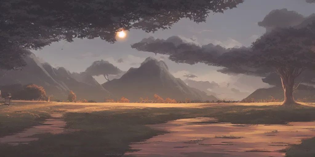 Image similar to evening, landscape, no people, Ghibli, Anime Background, Miyazaki Hayao, concept art, illustration,smooth, sharp focus, intricate, super wide angle, trending on artstation, trending on deviantart, 4K