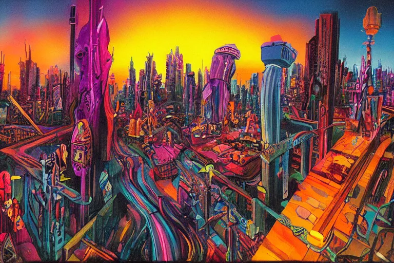 Image similar to surreal colorful nightmarish cityscape, artwork by ralph bakshi