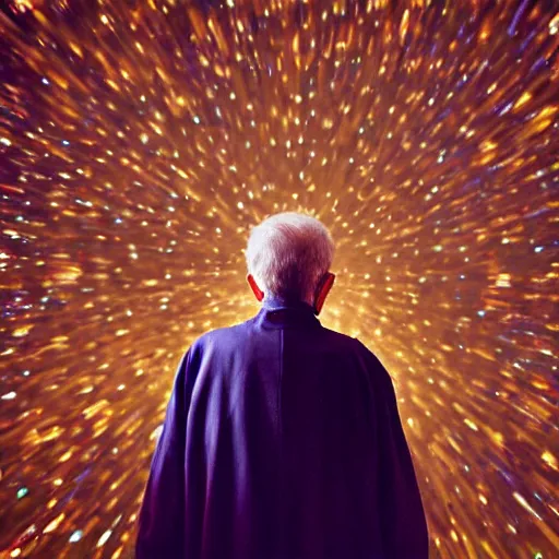 Prompt: distant shot of 80 year old man in Biblical clothing looking up at a multitude stars, hopeful, wistful, sentimental, cinematic lighting