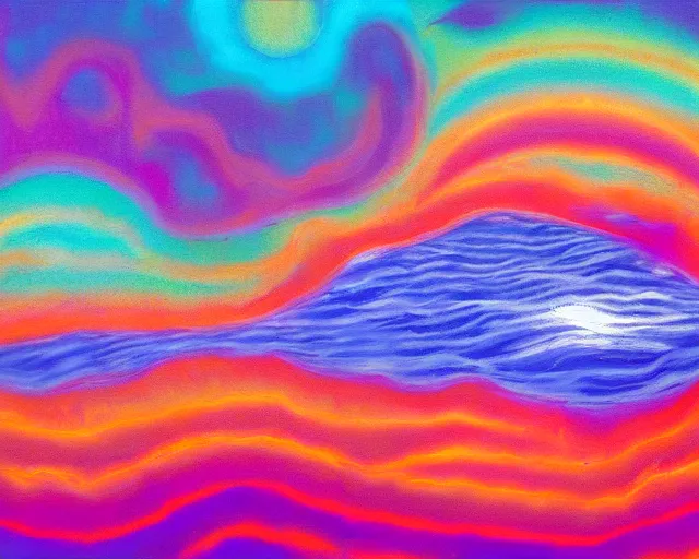 Image similar to Ocean waves in a psychedelic dream world. Landscape painting.
