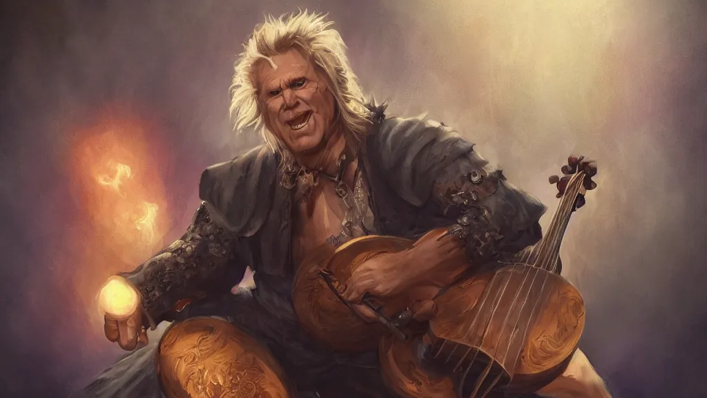 Prompt: A half-orc bard played by Gary Busey playing the lute, dreamscape, dramatic lighting, fantasy art illustration, trending on artstation, Aetherpunk