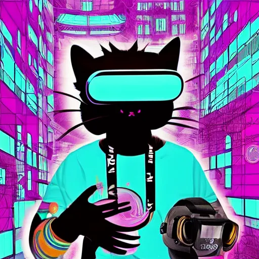 Image similar to cat wearing vr goggles, vaporwave poster illustration, artstation trending