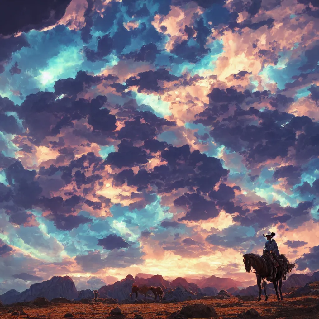 Image similar to octane render by laurie greasley and asher brown durand, a cowboy wearing a full - body iridescent suit and cowboy hat inside a scenic western landscape with colorful clouds, cinema 4 d, 8 k, volumetric lighting and shadows