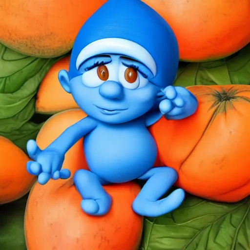 Image similar to papa smurf dressed as papaya, realistic, detailed, ripe papaya