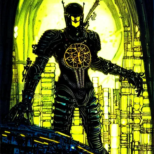 Image similar to cyberpunk knight, atmospheric lighting, painted, intricate, golden hour, ultra detailed by philippe druillet