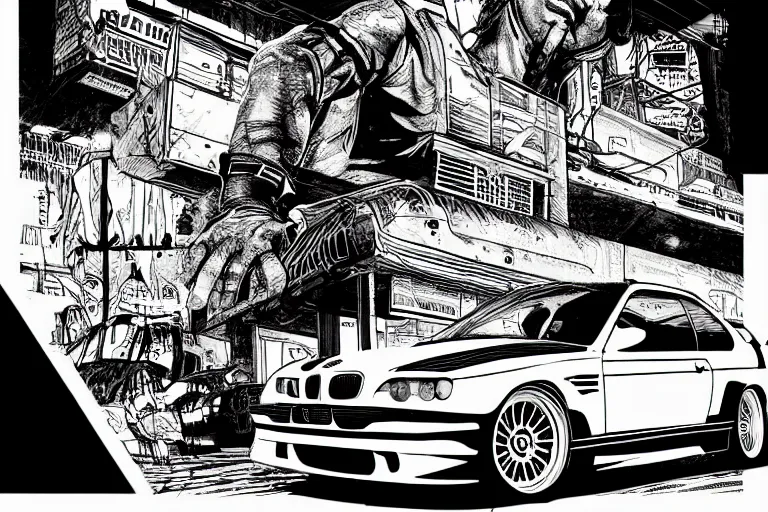 Prompt: bmw m 3 gtr, a page from cyberpunk 2 0 2 0, style of paolo parente, style of mike jackson, adam smasher, johnny silverhand, 1 9 9 0 s comic book style, white background, ink drawing, black and white