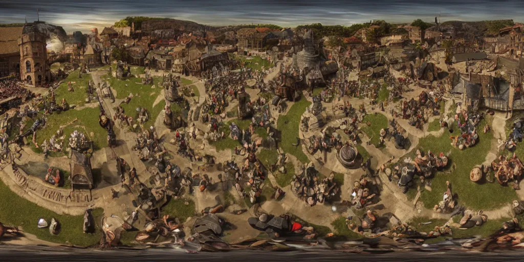 Prompt: 3 6 0 panorama hdr environment map of a a medieval party photograph very high detail focus octane render