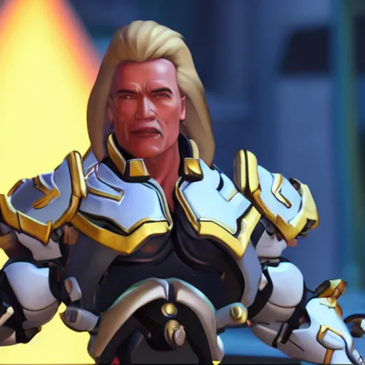 Image similar to a screenshot of arnold schwarzenegger as mercy in overwatch