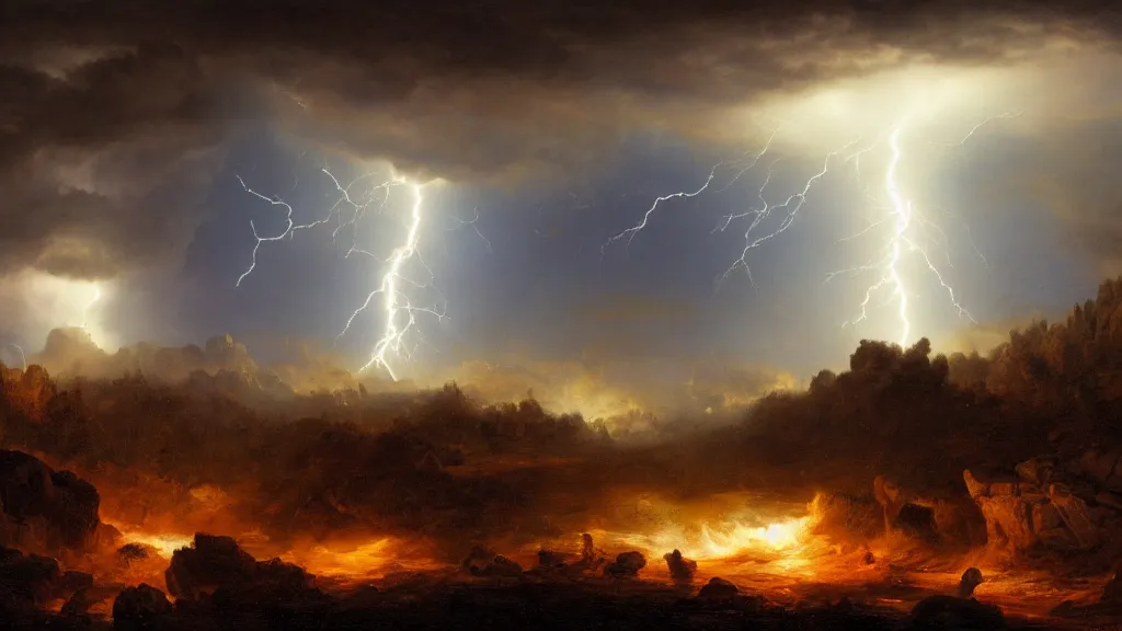 Image similar to battle for earth, lightning, storms, volumetric lightning by eugene von guerard, ivan shishkin, dramatic lighting, concept art, trending on artstation, 8 k