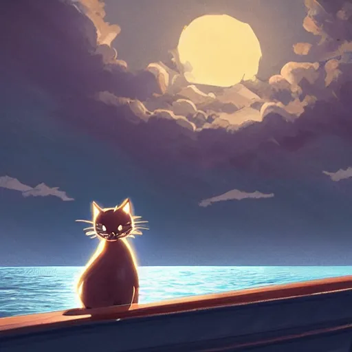 Image similar to a wholesome animation key shot of a black cat! on a boat! close to the shore in the night, medium shot, studio ghibli, pixar and disney animation, sharp, rendered in unreal engine 5, anime key art by greg rutkowski, bloom, dramatic lighting