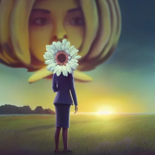 Image similar to giant daisy flower covering head, frontal, a girl in a suit, surreal photography, sunrise, dramatic light, impressionist painting, digital painting, artstation, simon stalenhag