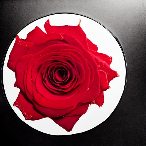 Image similar to red roses on a vinyl record, dark photograph