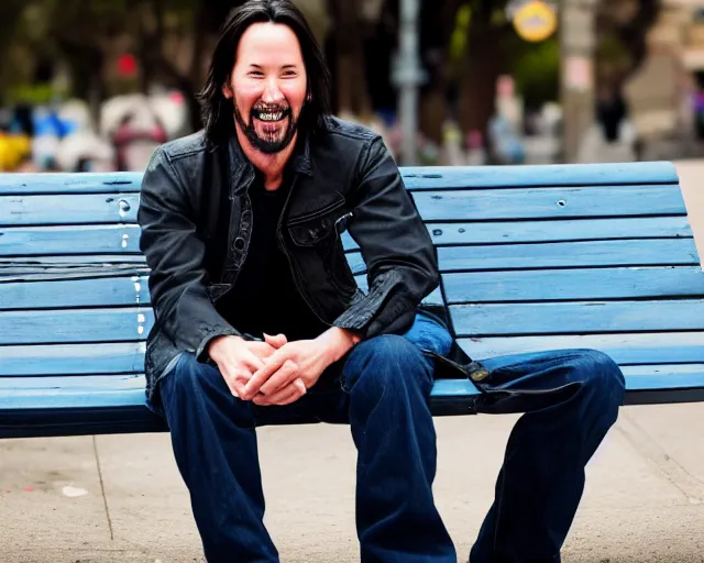 Image similar to 5 5 mm photo of happy keanu reeves in blue jeans and black jacket sitting on a bench in the street. dof. lifelike. ultra detailed. intricate. soft light. nikon d 8 5 0.