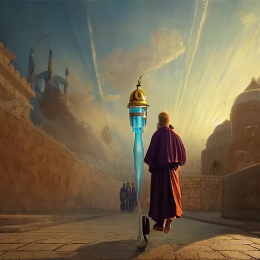 Prompt: a byzantine priest is carrying a small genie bottle surrounded by heavenly clouds in a Byzantine city, a persian genie is surrounded by smoke, concept art, beautiful light, golden hour, symmetry, very coherent, realistic, by James Gurney and Simon Stalenhag and Greg Rutkowski, trending on artstation, cinematic, 85mm lens