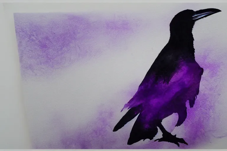 Image similar to beautiful serene smart raven, healing through motion, minimalistic golden and purple ink airbrush painting on white background