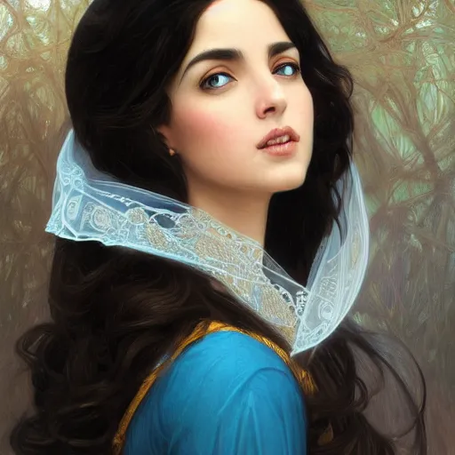 Image similar to portrait of ameera al taweel, bright blue eyes, long wavy black hair, white veil, front , highly detailed, digital painting, artstation, concept art, smooth, sharp focus, illustration, ArtStation, art by artgerm and greg rutkowski and alphonse mucha and J. C. Leyendecker and Edmund Blair Leighton