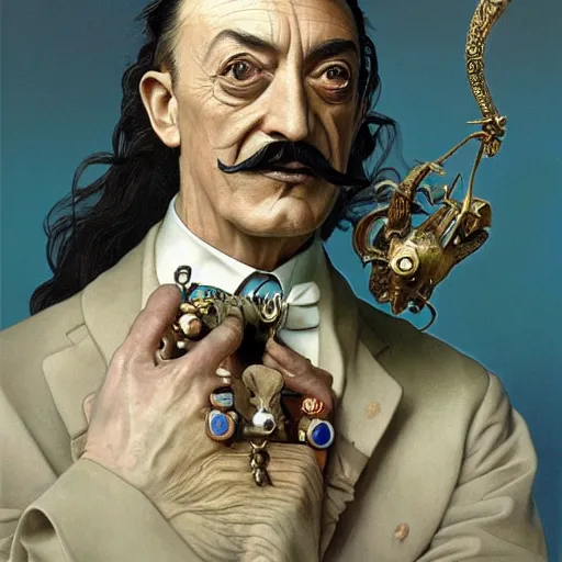 Image similar to Salvador Dali, Extremely Highly detailed, Occult, funny, humorous, humor, hilarious, funny, entertaining, magical, trending on artstationHQ, closeup, D&D, intricate, elegant, highly detailed, digital painting, artstation, concept art, matte, sharp focus, illustration, art by Artgerm and Greg Rutkowski and Alphonse Mucha