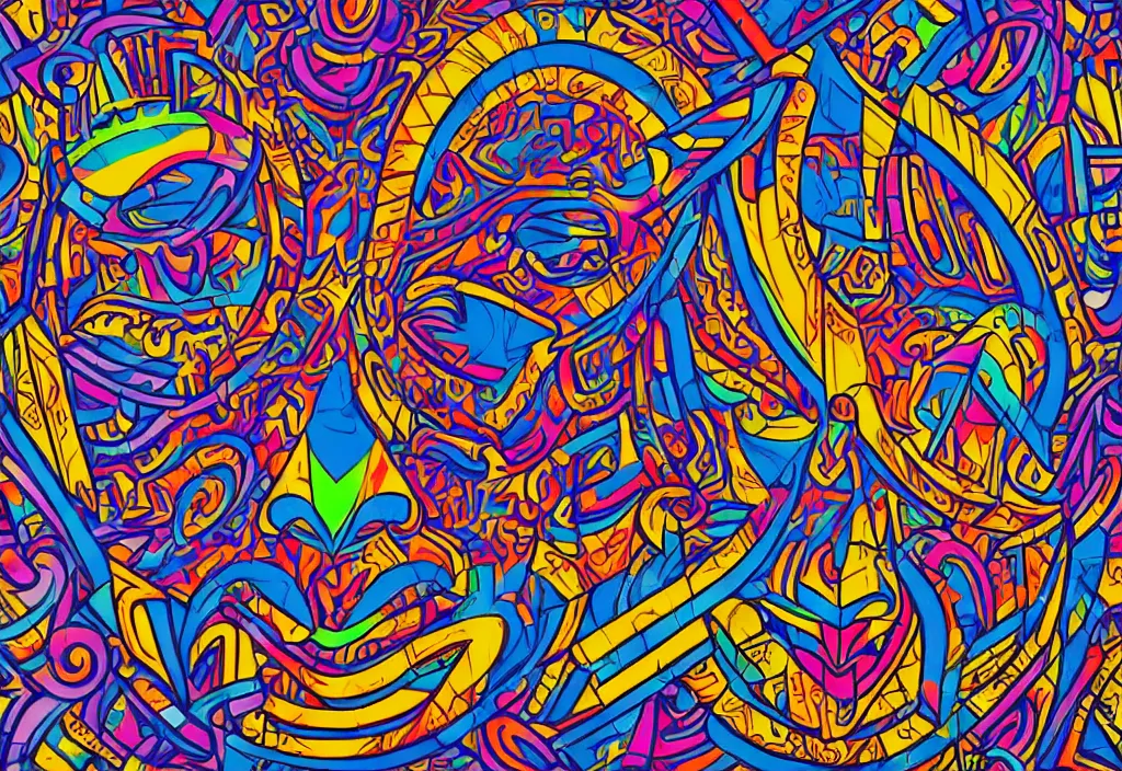 Image similar to a minimalised but ornated vivid and colorful geometric-pattern filled symmetric recogniseable face portrait of a mayan emperor. In Comic, graffity style design by Chris Dyer aka chrisdyerpositivecreations. Charachter Inspired by legendary can2 aka cantwo, köpak and salviadroid. Color palette inspired by streetartist fatheat.