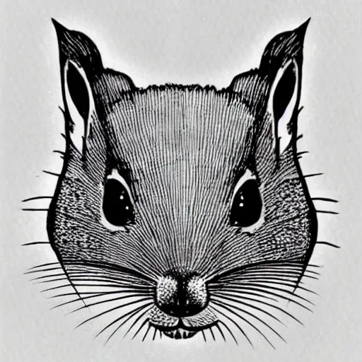 Prompt: squirrel face, cute, block print, simple stylized, black ink on white paper