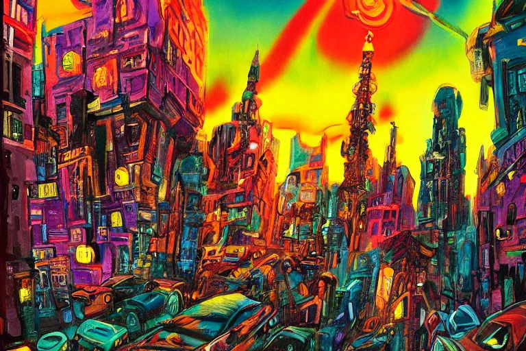 Image similar to surreal colorful nightmarish cityscape, artwork by ralph bakshi