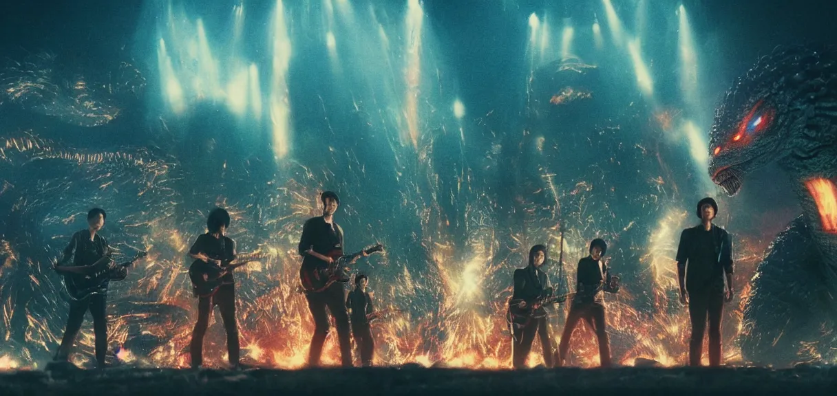 Prompt: The wide shot of disco rock Asian band with long dark hair playing on guitars while Godzilla and aliens destructs the night city, Godzilla on the horizon line, by Lubezki, Christopher Doyle and David Lynch, anamorphic 35 mm lens, cinematic, anamorphic lens flares 4k