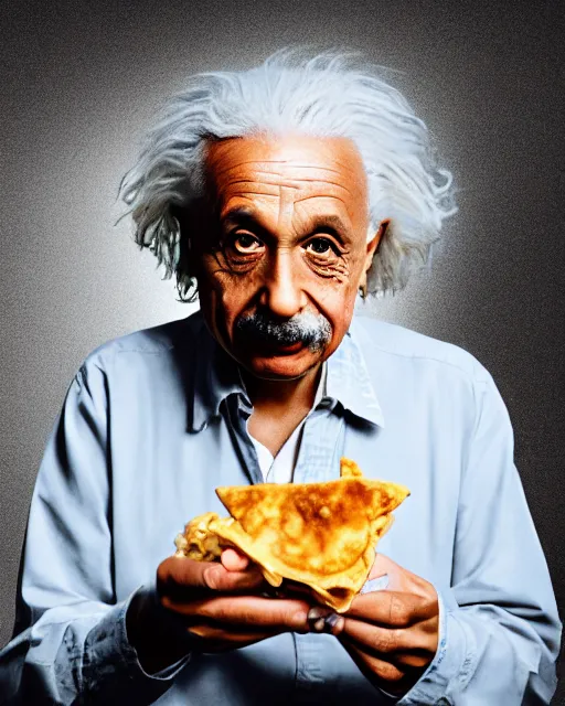 Image similar to A photo of Albert Einstein eating Samosa, highly detailed, trending on artstation, bokeh, 90mm, f/1.4