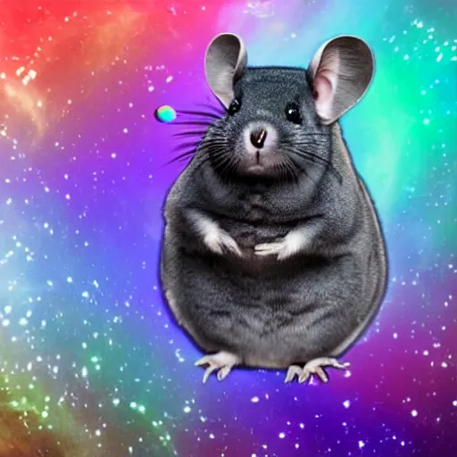Prompt: chinchilla with mean look in space with galaxy in background pooping rainbox jellybeans, rainbow jellybeans under chinchilla's tail