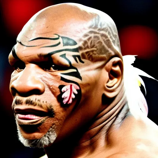 Prompt: uhd mike tyson with feathers and a beack, resembling a chicken