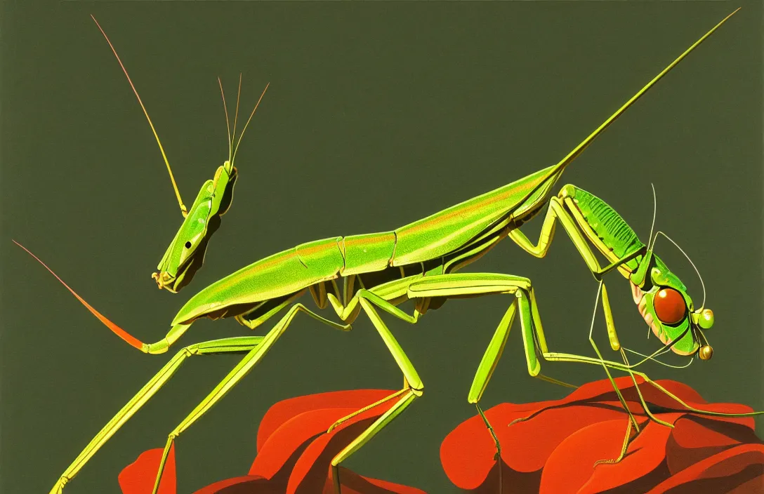 Image similar to implied lines, 4 k criterion collection remastered cinematography a praying mantis eating a dragonfly, photo realistic postprocessing interpolated by syd mead, claude gellee painting by james audubon