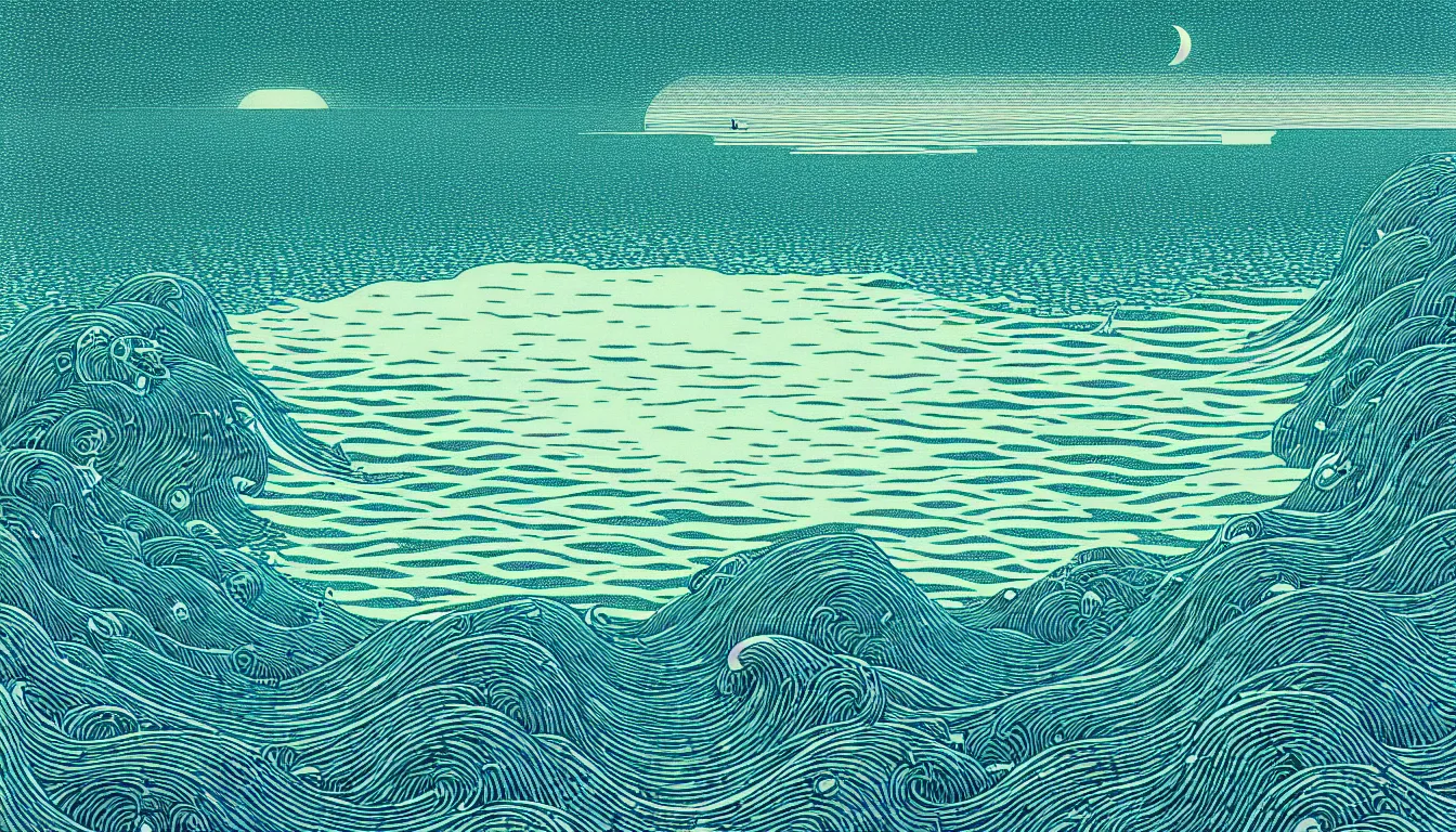 Prompt: ocean horizon by woodblock print, nicolas delort, moebius, victo ngai, josan gonzalez, kilian eng